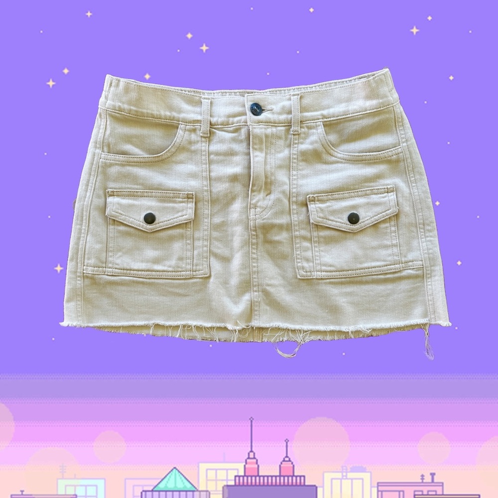 Stylish Aerie Cream Denim Frayed Distressed Hem Cargo Mini Skirt